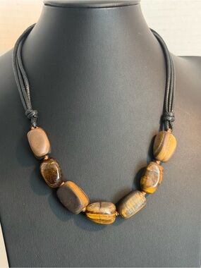 Vintage HSN Handcrafted Tiger Eye Bead Necklace - Brown 925 Leather Cord